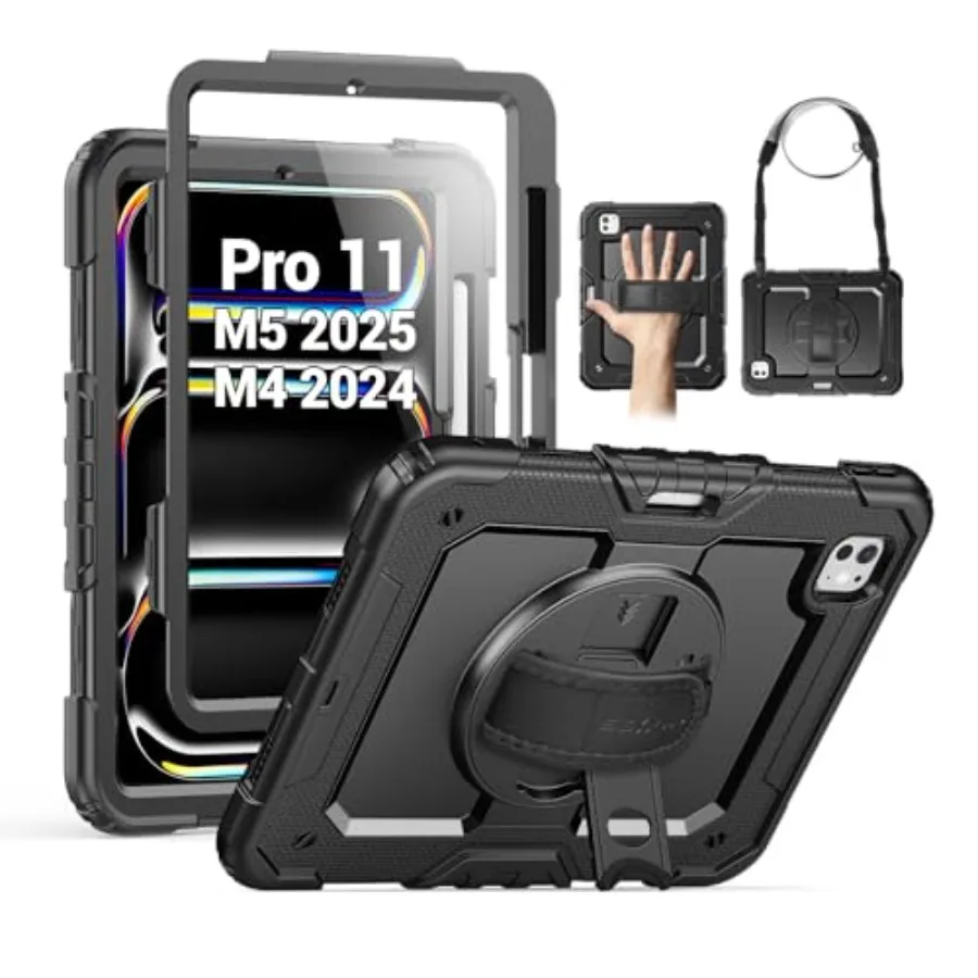 

Чехол для iPad Pro M5 2025/M4 2024, ударопрочный защитный чехол с защитой экрана, 360-градусная защита ° Вращающаяся подставка для рук/плеч