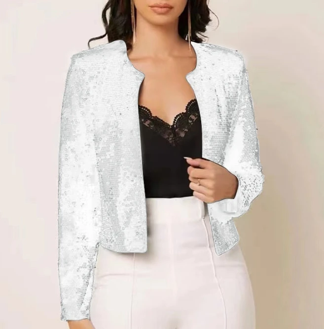 Cardigan Solide à Manches sulfet Col Rond pour Documents, Veste à la Mode, Décontractée, Polyvalente, Grand Design à Paillettes, Courte, Personnalisée, Haut de Gamme