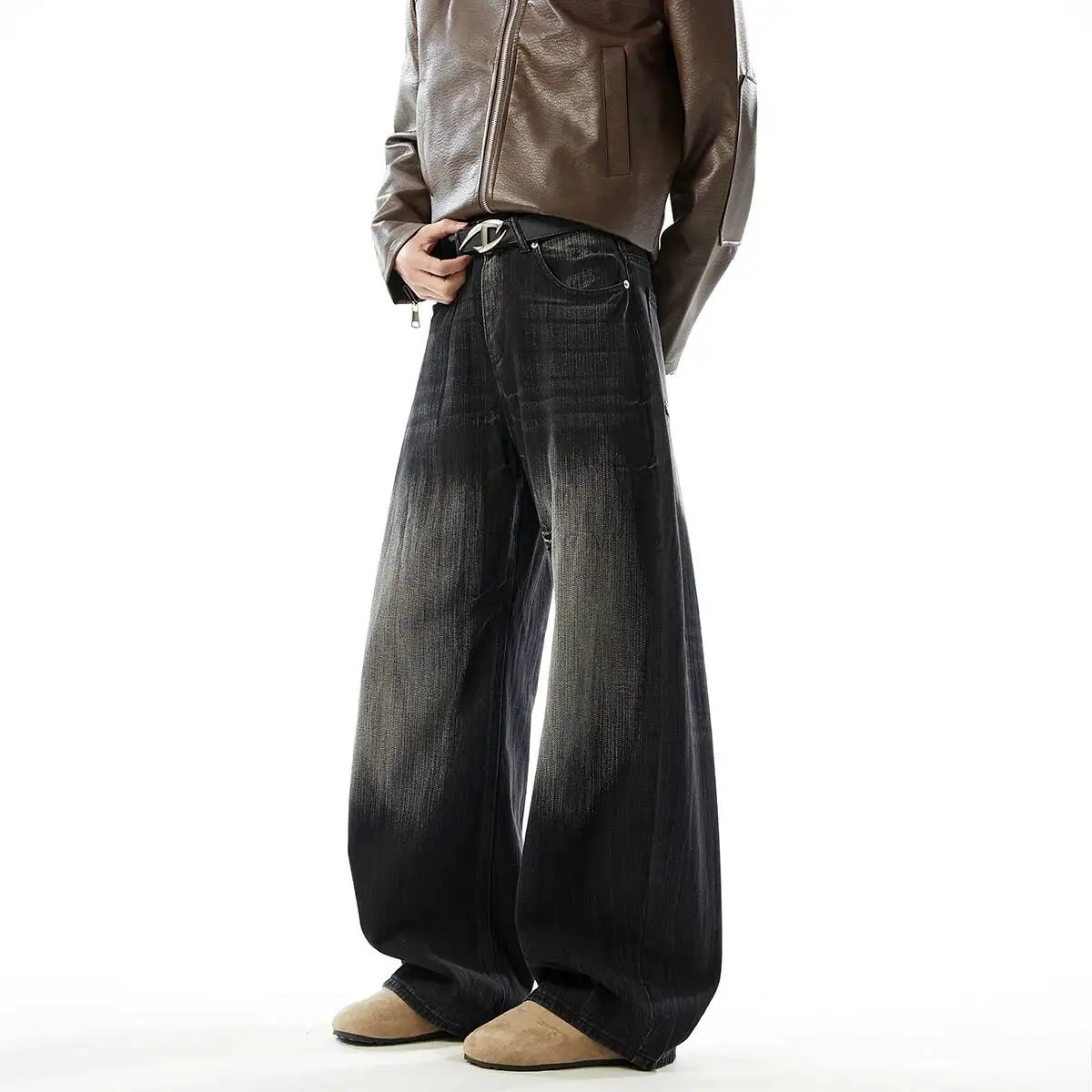 Spring Chic New Men's Jeans Vintage Scimitar Denim Pants Moustache Effect Loose Casual Washed Wide Leg Trousers 9X78V0