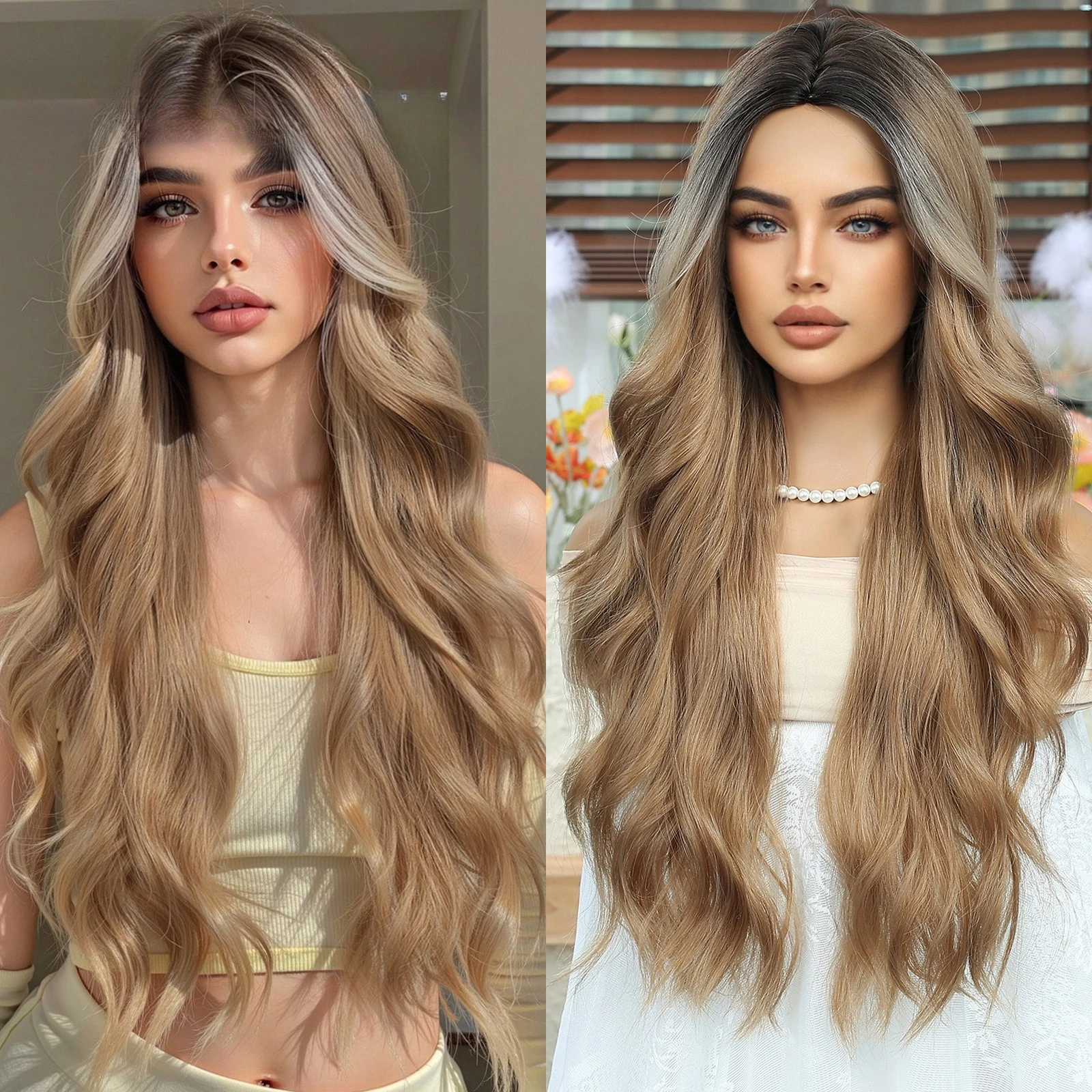 

Wig female bright brown natural whole long curly hair lazy water ripple medium part wig headgear
