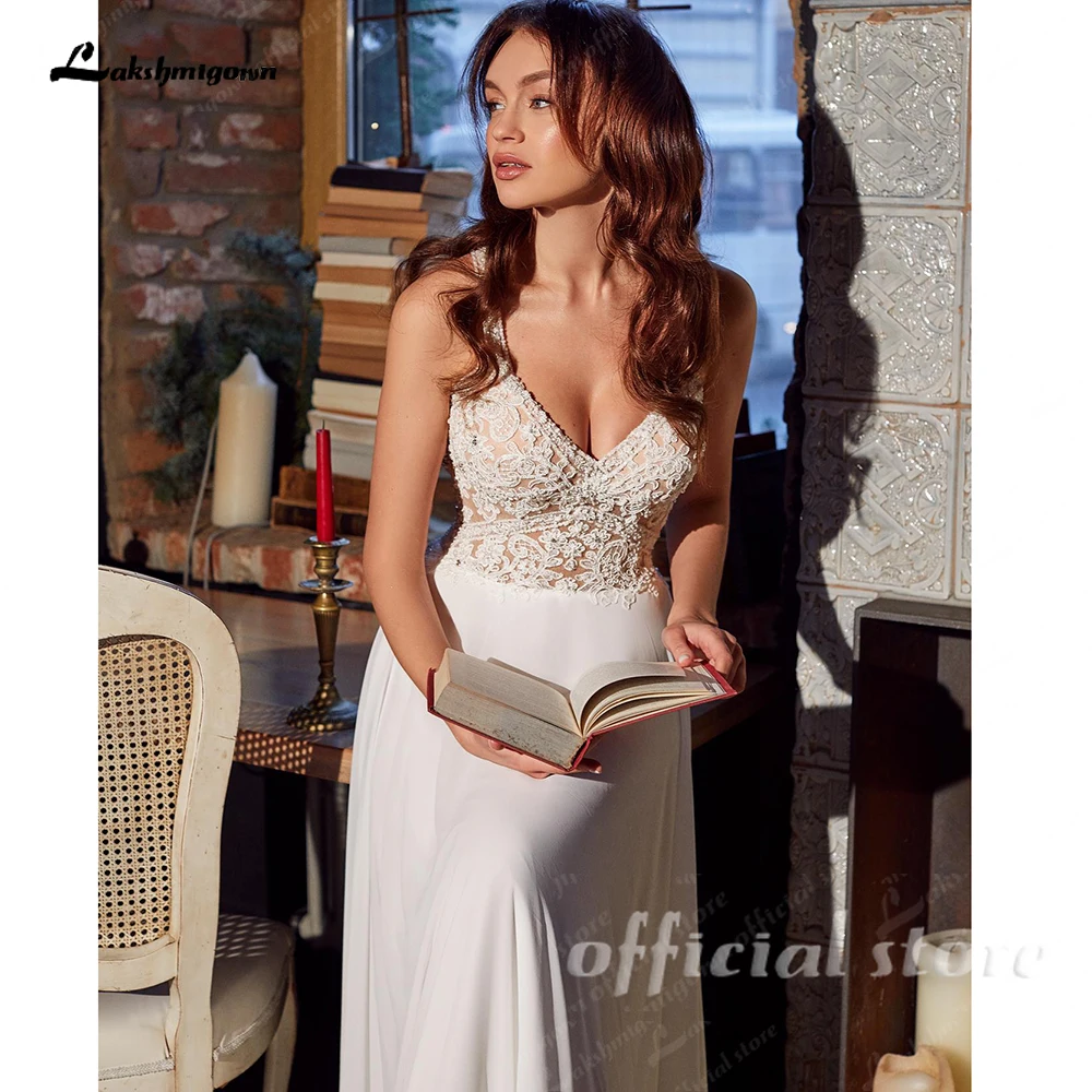 Lakshmigown Boho V-Ausschnitt Spitzen-Chiffon Hochzeitskleid für Frauen A-Linie Schleppe Brautkleid Vestidos De Novia Maßanfertigung – Detail 7