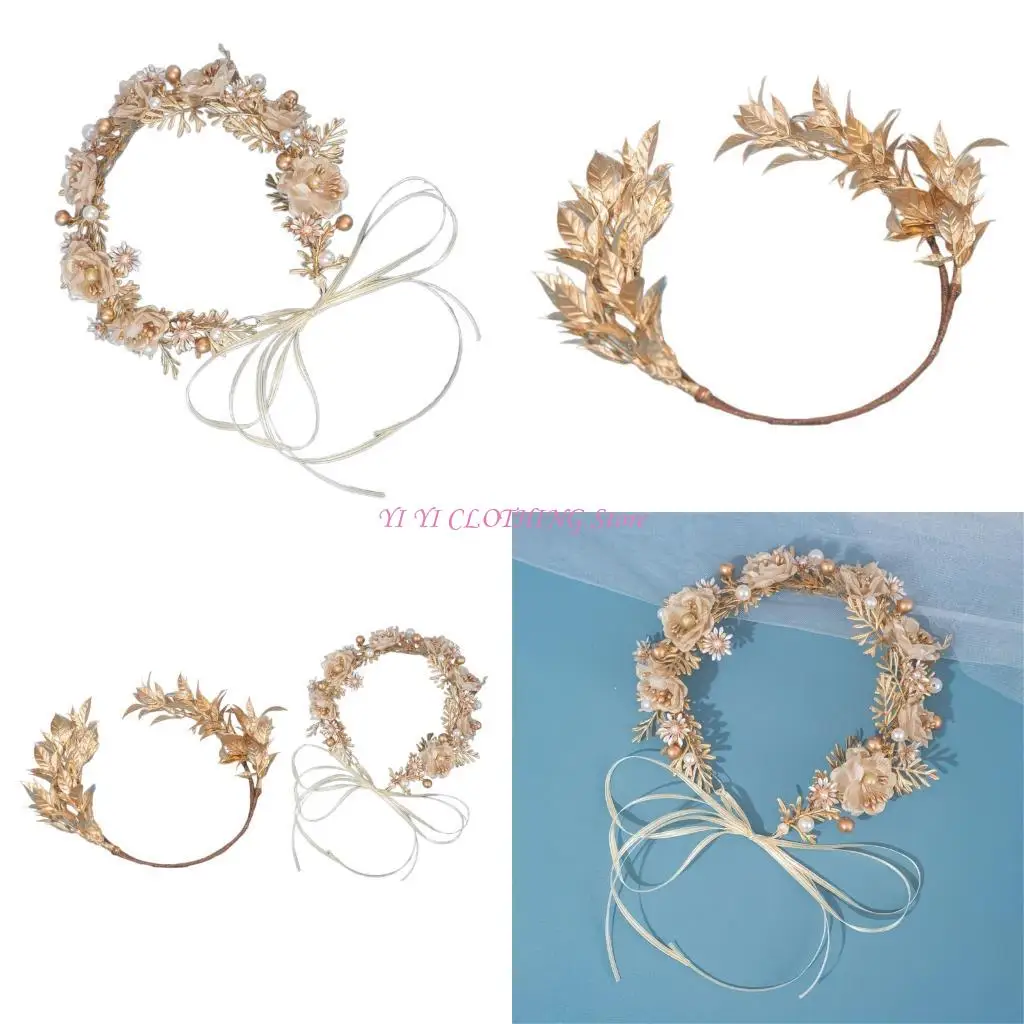 N5KF Couronnes feuilles dorées tressées élégantes pour les mariées vigne cheveux légers élégant pour les cérémonies le