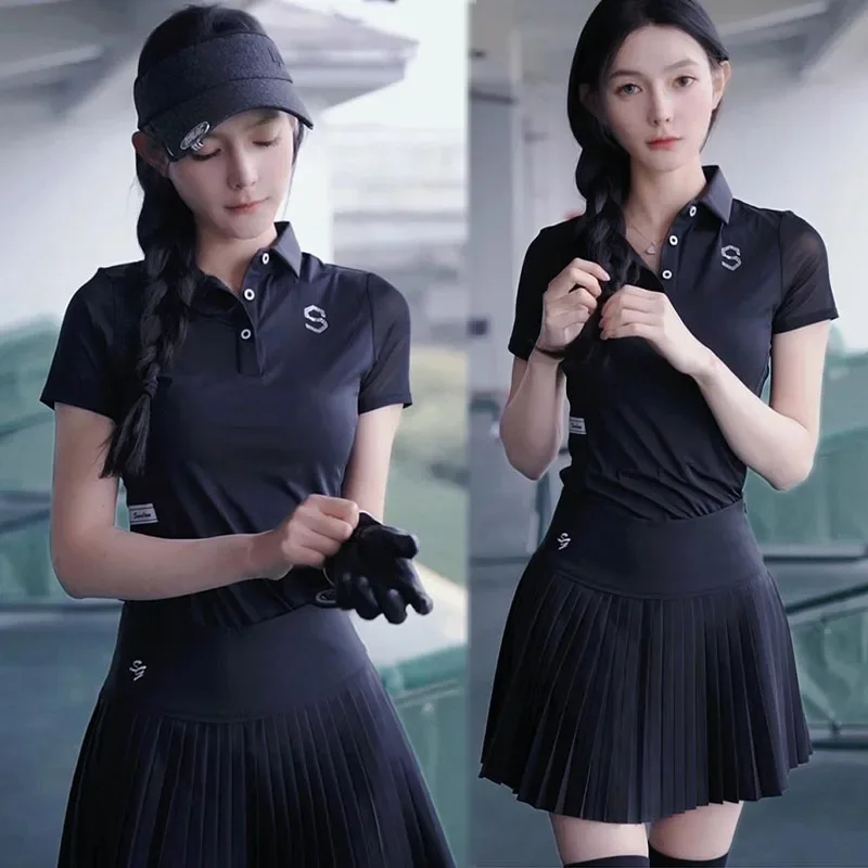 

SG Summer Ice Silk Short-sleeved Sports Tops Lady Slim Cooling Golf Polo Shirts Women Pleated A-lined Skort High Waist Skirt Set