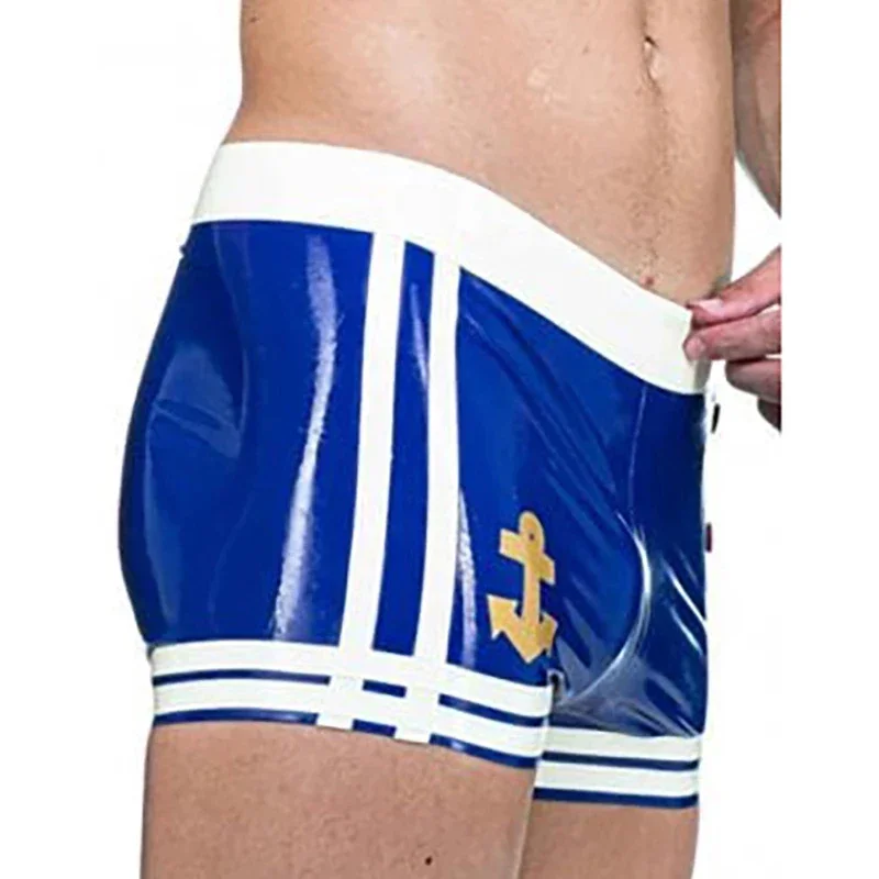 

Sexy Lingerie for MenLatex Shorts Blue with White Gummi Rubber Male Underwear Short Pant Cool Customized