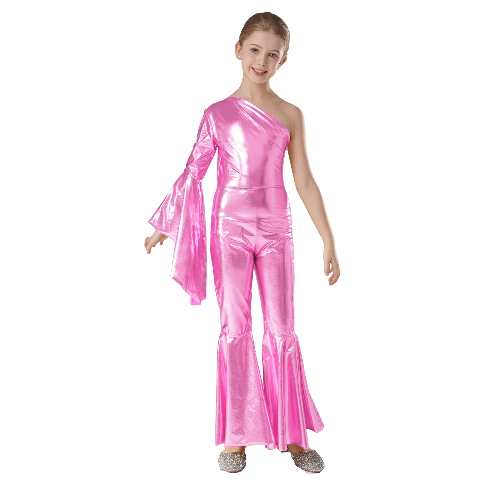 Kids Girls Disco Top Ballroom Dance Performance Jumpsuit One Piece Shiny Flare Sleeve Bodysuit for Carnival Party Choir Costume