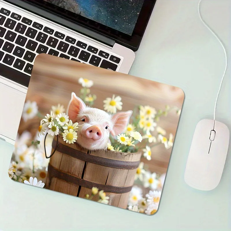 

Cute little pig bucket mouse mat, anti-slip portable desk mat, floral design, suitable for home or office use, rubber material