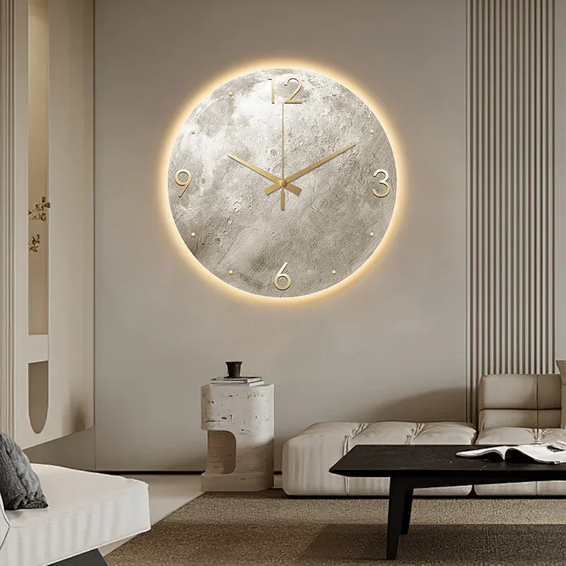 Reloj de pared minimalista moderno, reloj para sala de estar, pintura de piedra arenisca de Luna, Ideas de restaurante de moda para el hogar, decoración de pared con luz LED