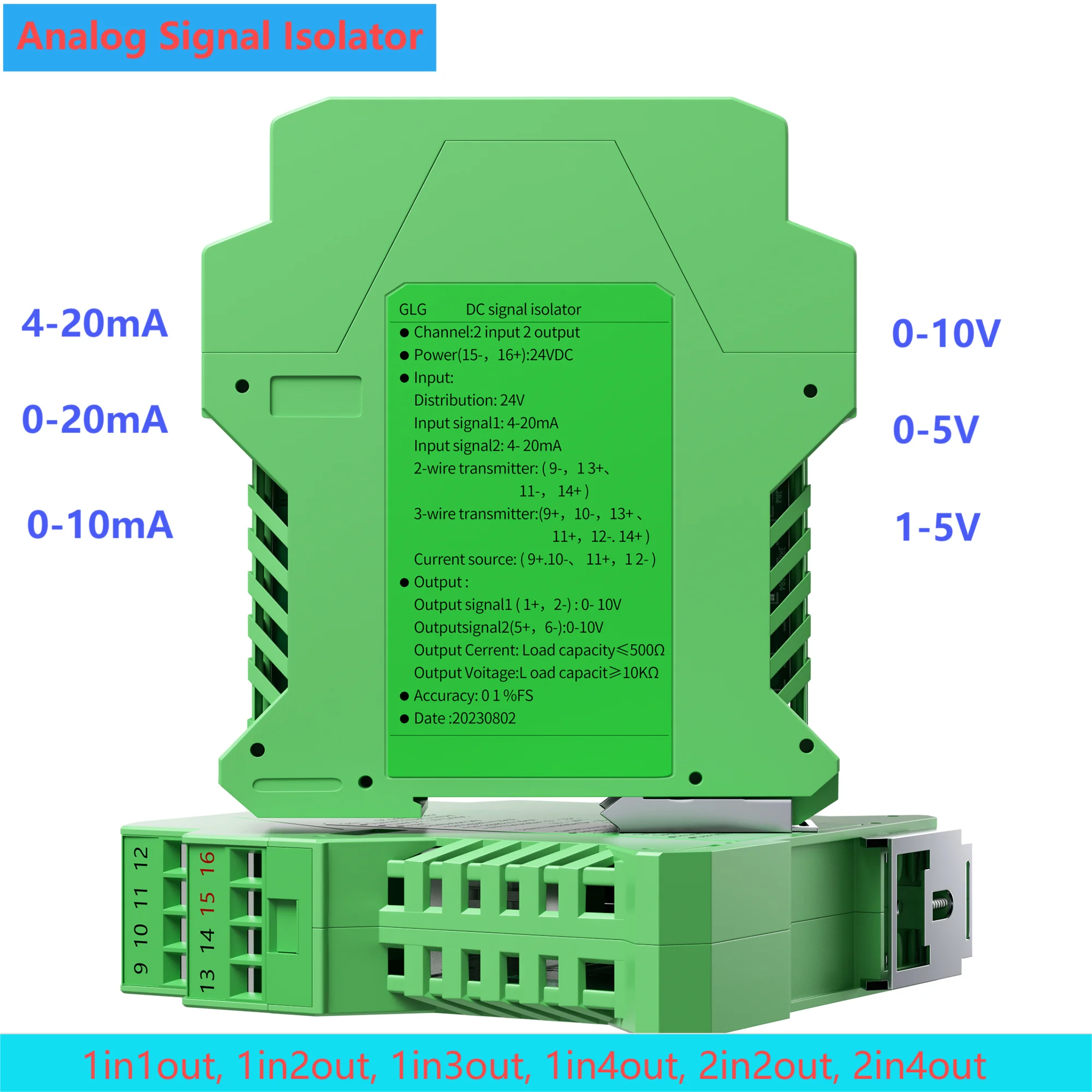 4-20mA Signal Isolator Current Transmitter 2 In 2 Out Channel DC Signal Converter Isolator 0-10V 0-5V Analog Signal Isolator