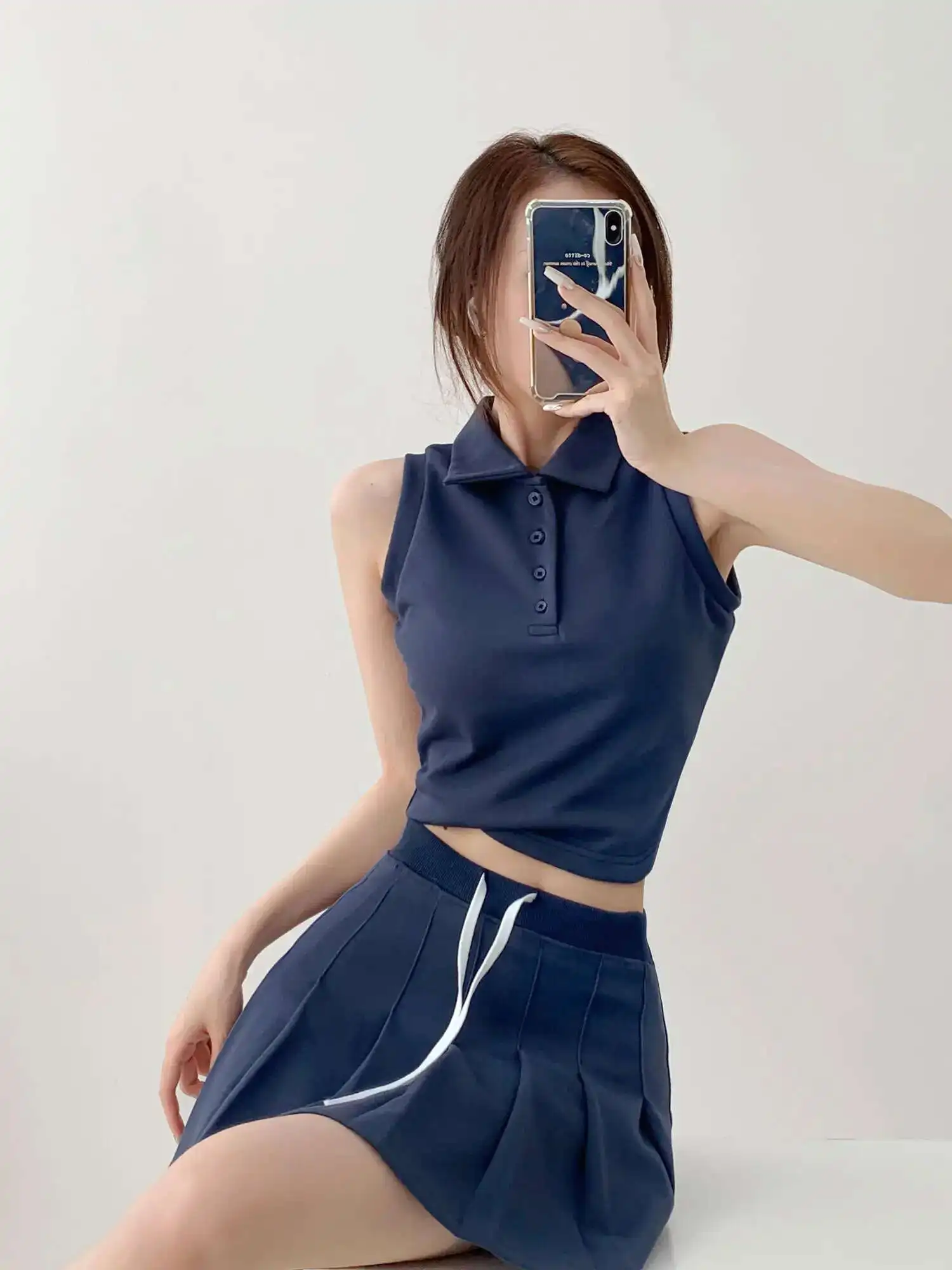 

New 2024 Summer POLO Collar Single Breasted Sleeveless Short Top +drawstring Wrap Hip Sweet A-line Skirt Two Piece Set GYH5