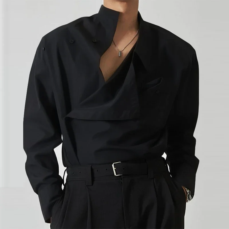 2025 Men's Irregular Shirt Solid Color Stand Collar Long Sleeve Casual Men Clothing Streetwear Fashion Male Shirts S-5XL