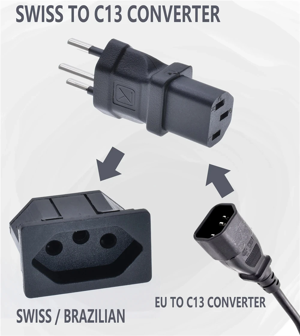 3 Prong Plug Adapter, type J round 3 pins to IEC60320 conversion plug for use as a Swiss PC Computer, Monitor, or Printer Power