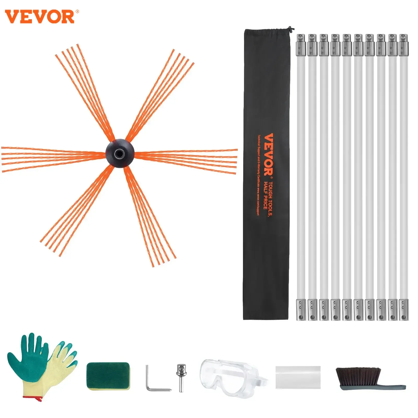 VEVOR 23/26/30/33/39ft Chimney Sweep Kit w/ 10Reinforced Nylon Flexible Rods Ergonomic Chimney Cleaning Brush 360-Degree Brush