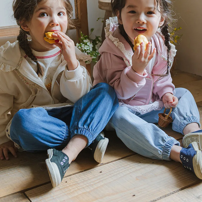 

2025 Spring Korean Children's and Girls' Cotton Comfortable Pocket Leg Straw Girls' Cowboy Casual Pants clothes girls pants