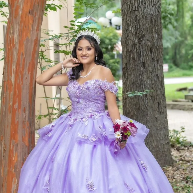 Vestido de baile de quinceañera con cuello en V para niñas, vestido de princesa lavanda, Sexy, con cuentas, flores en 3D, vestidos de fiesta de cumpleaños y graduación