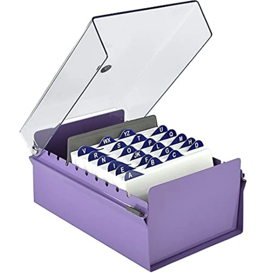 

4 x 6 Card File Holder Organizer Box Metal Base Heavy Duty AZ Index Cards and Divider Included (Purple Color with Clear Crystal