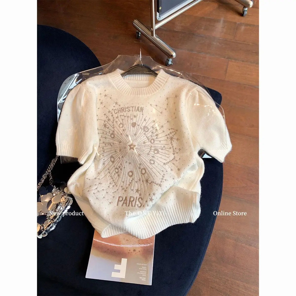 

Trend Embroidery Rhinestone Short-sleeve Sweater Women Spring Summer Knit T-shirt Y2k Luxury O-neck Top Harajuku Streetwear New