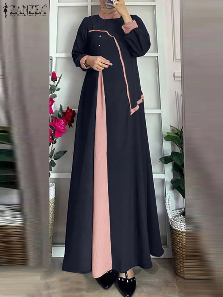 

ZANZEA Women Vintage Patchwork Dress Robe Femme Islamic Clothing Ramadan Maxi Vestido Casual Long Sleeve Abaya Muslim Sundress