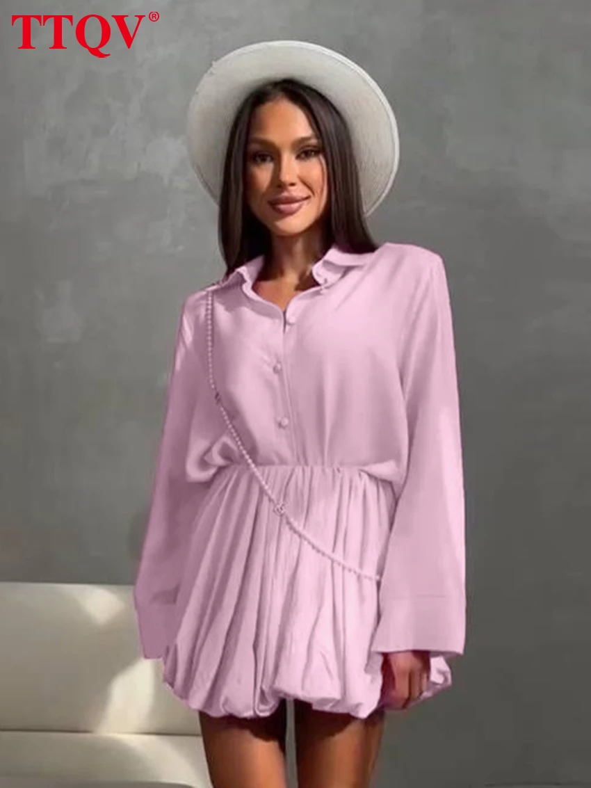 

TTQV Fashion Loose Blue 2 Piece Set Women 2026 Elegant Long Sleeve Shirt With High Waist Pleated Mini Skirt Set Female Clothing
