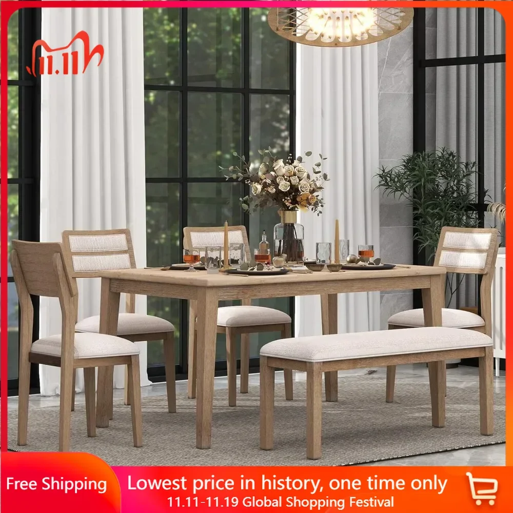 

Kitchen Dining Table Set for 6, Classic and Traditional Style 6 - Piece Dinings Set, Dining Table, 4 Upholstered Chairs & Bench