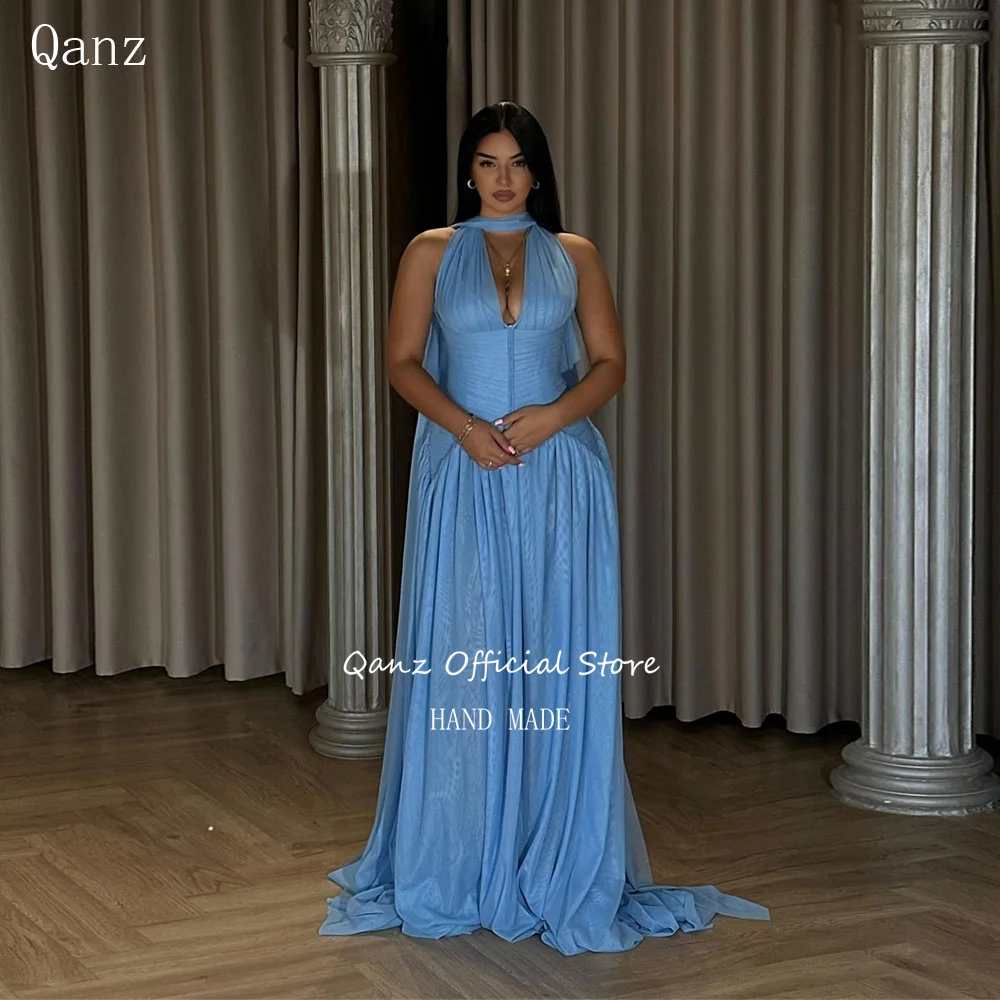 

Qanz Dubai Blue Evening Dresses Chiffon Long A Line Formal Dresses Woman V Neck Pleat Vestidos De Fiesta Elegantes Customized