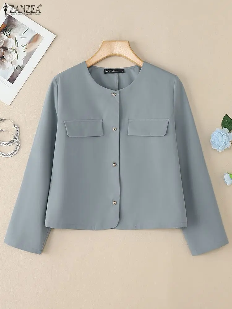 

ZANZEA Women's Lightweight Short Jackets 2025 Autumn Elegant Chic O-Neck Long Sleeve Button Up Solid Color Outerwear Office Work