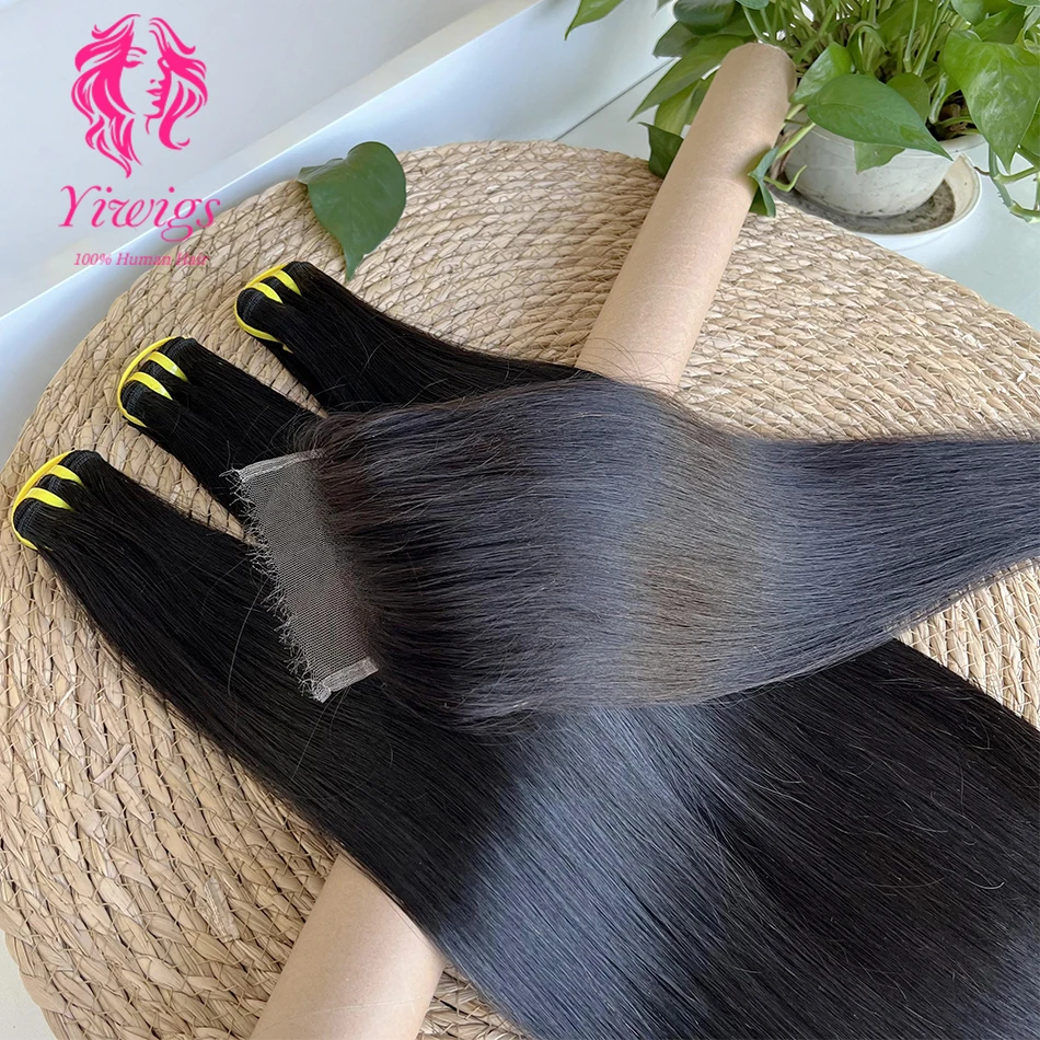 Yiwigs 12A Grade Double Drawn Bone Straight 100% Human Hair Bundles With 4x4 Real HD Lace Closure Hair Weave Extensions Thick