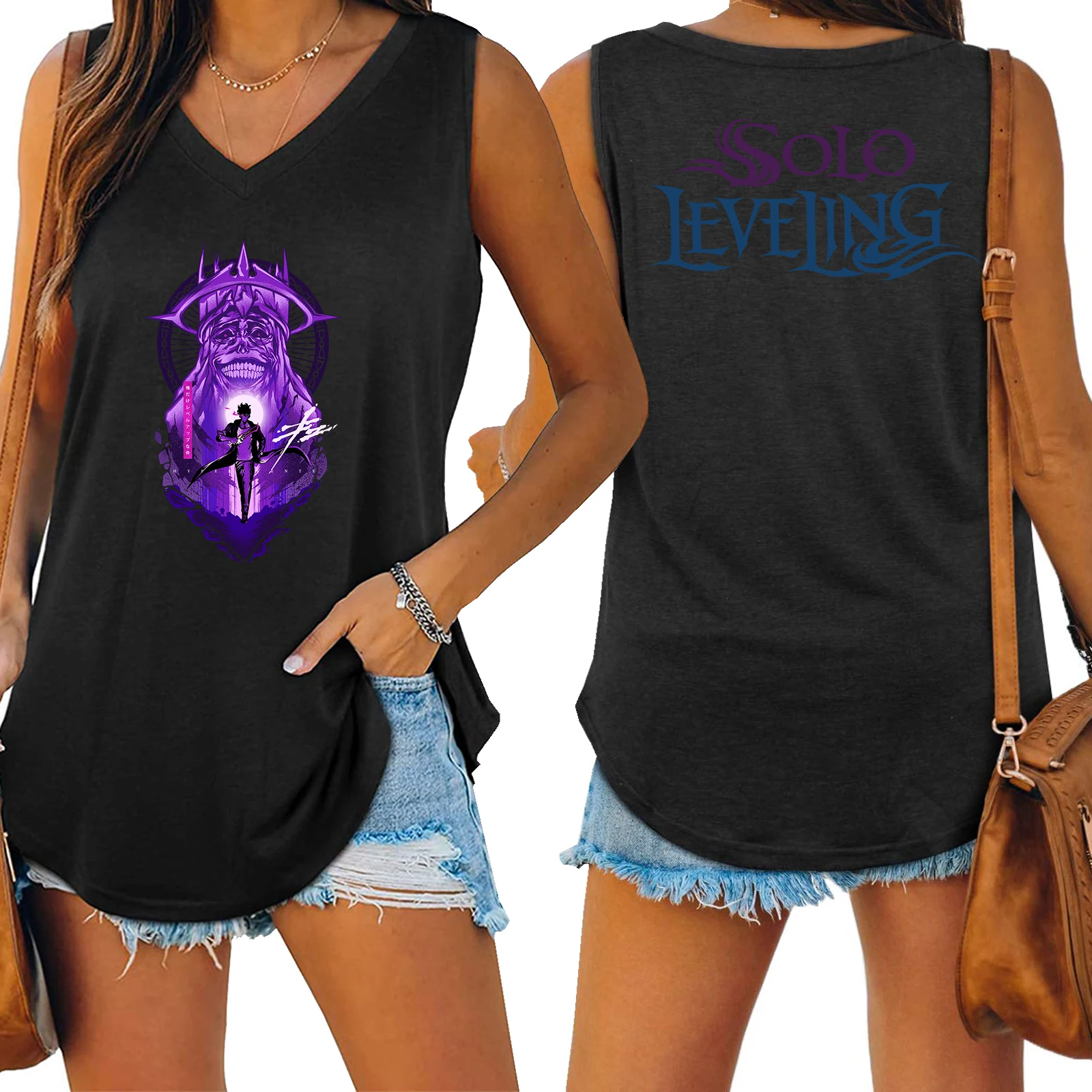 Solo Leveling Statue of God Tank V-neck Female Vest Loose Oversized Women No Sleeves Top