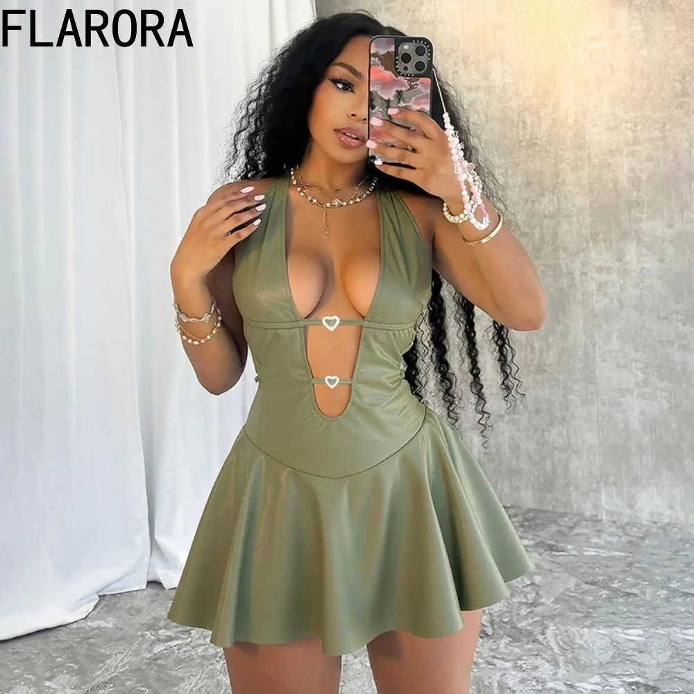 

FLARORA Sexy Hollow Out Pu Leather Mini Dress Woman Halter Sleeveless Backless Slim Fit A-line Ruffle Dresses Party Clubwear