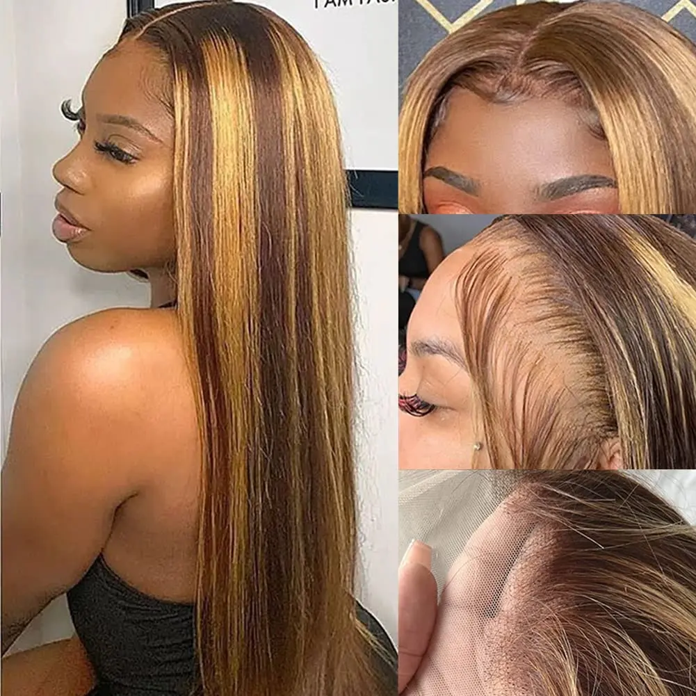 

30 34 Inch 4/27 Highlight Ombre 13x4 HD Lace Front Wig Bone Straight 13x6 Lace Frontal Human Hair Wigs 250% Density Preplucked