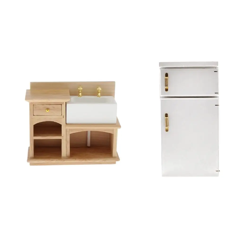 1:12 Dollhouse Miniature Furniture Wooden Refrigerator Freezer and Cabinet with Ceramic Sink Model Scenes