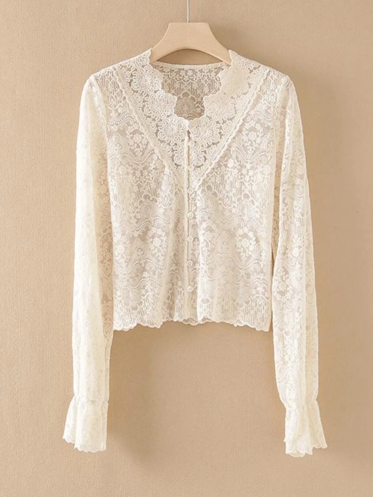 

Retro V-Neck Women's Base Shirt Spring New Long Sleeve Lace Embroidery Commute Open Cardigan Loose Fit Korean Style