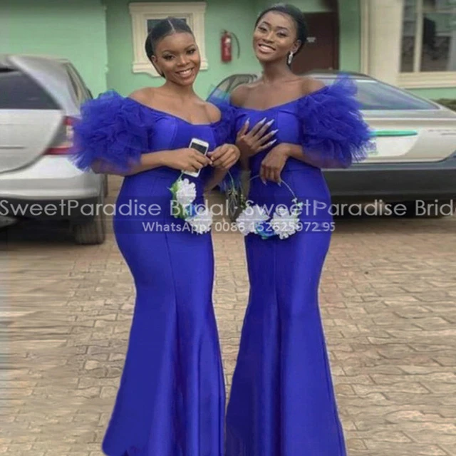 Mermaid Short Puff Sleeves Bridesmaid Dresses Off Shoulder Long Trumpet Royal Blue Satin Prom Dress Wedding Party Bridesmaid Dresses AliExpress