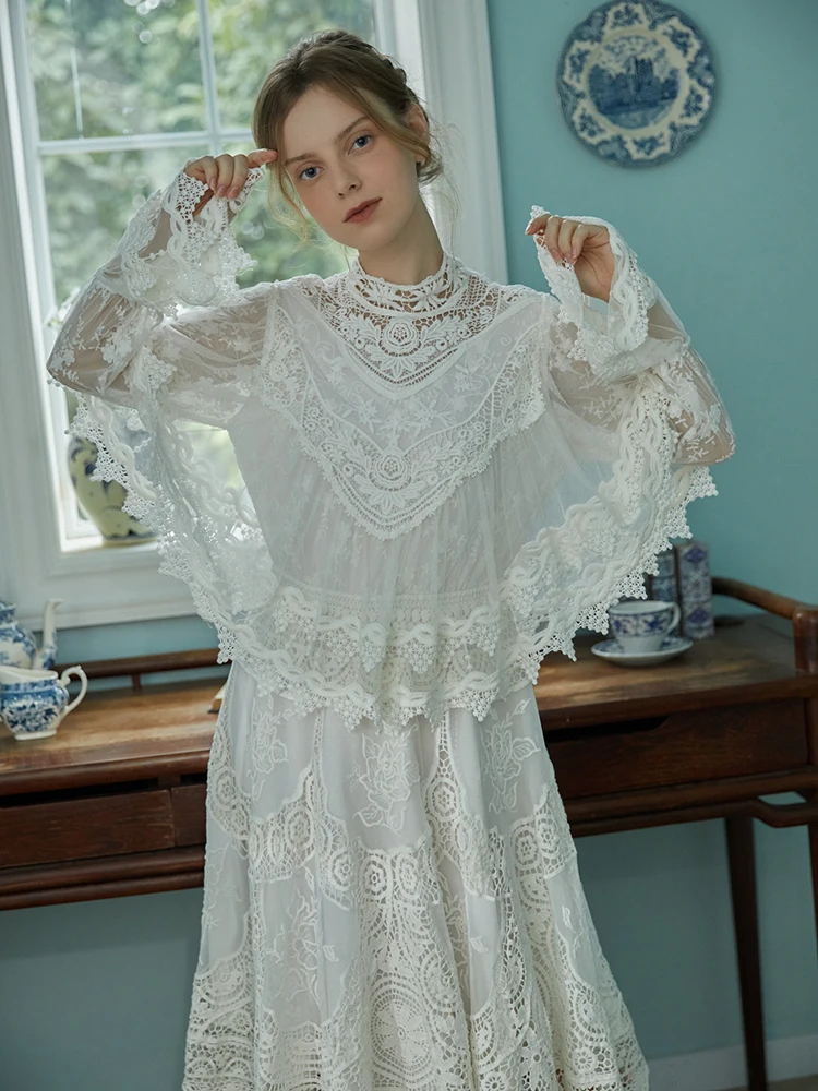 AIGYPTOS White Lace Dresses Women Spring Vintage Elegant Slim Long Sleeve Cape Dress Embroidery Lace Mesh Patchwork Midi Dress