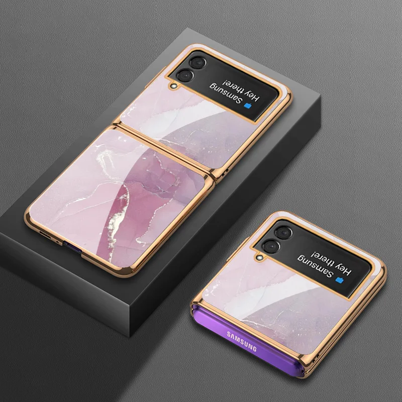 Vintage Marble Phone Case for Samsung Z Flip4 Case Luxury Plating Tempered Glass Shockproof Cover for Galaxy Z Flip 4 Case