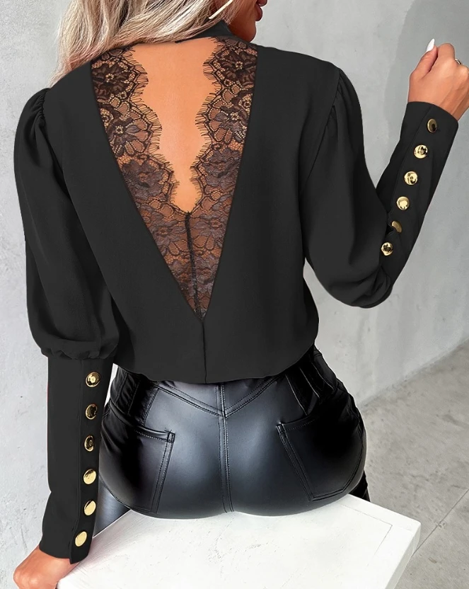 

Women's Clothing Casual Fashion Trend 2023 Spring Autumn O-Neck Leak Back Sexy Lace Decoration Shoulder Bump Bubble Sleeve Top