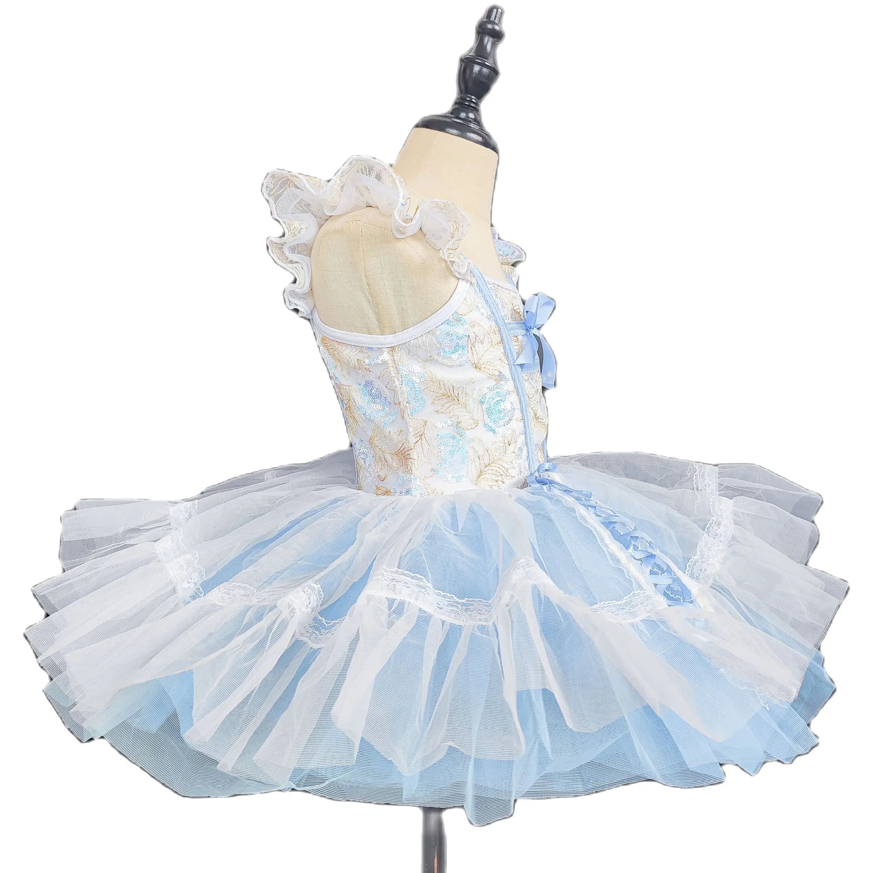 Traje de dança com lantejoulas infantil, roupa de salão azul, vestido tutu para meninas, vestidos de festa jazz, roupa moderna, novo