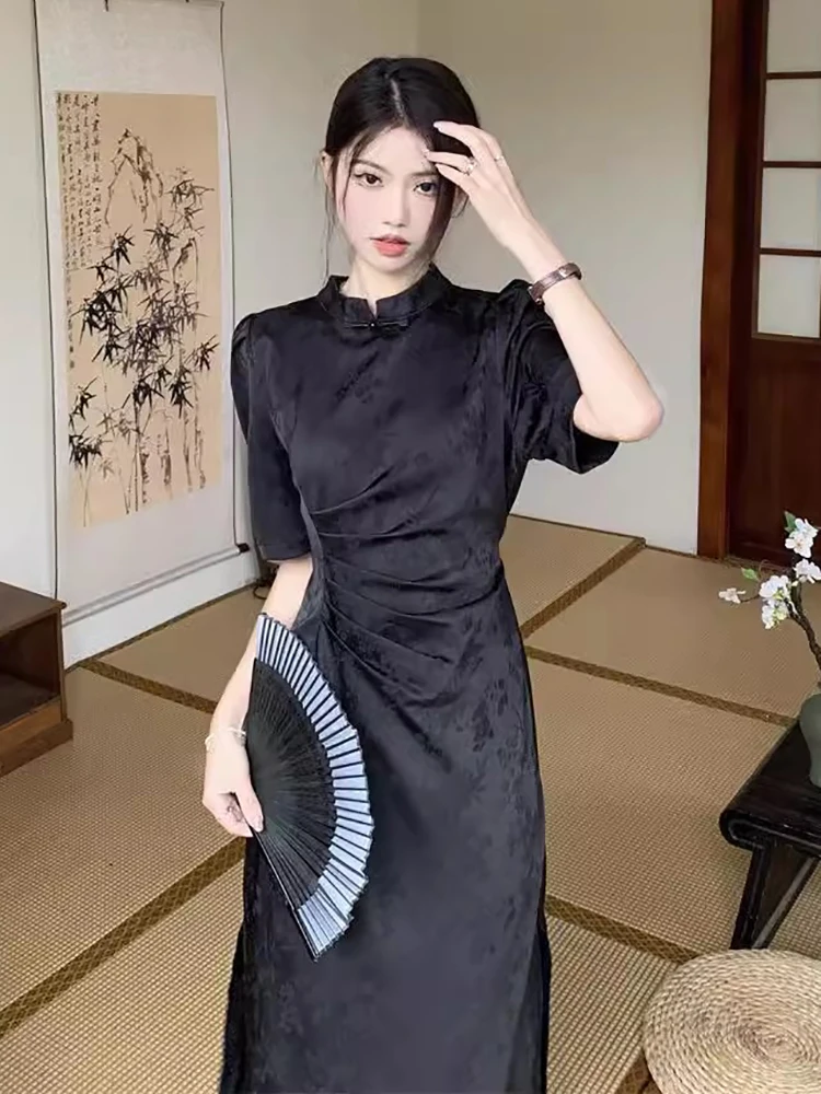 

plus Size Women's Black Long Dress Slit Gored Skirt Design Summer Vintage Style Polyester Fiber Short Sleeve Stand Collar