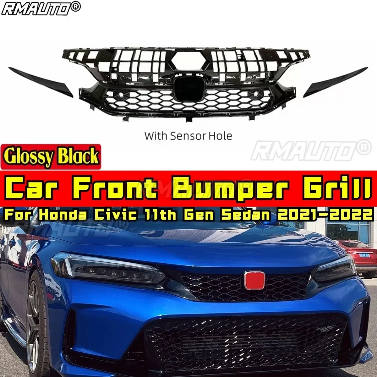 For Civic Body Kit Car Grille Glossy Black TR style Car Grill Grills For Honda Civic 11th Gen Sedan 2021-2022 Car Accessories