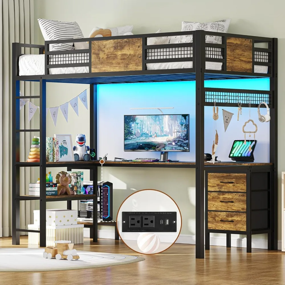 L Şekilli Çalışma Masalı İkiz Yüksek Yatak, LED Işıklı ve Şarjlı Metal İkiz Yatak Çerçevesi, 3 Kumaş Çekmeceli