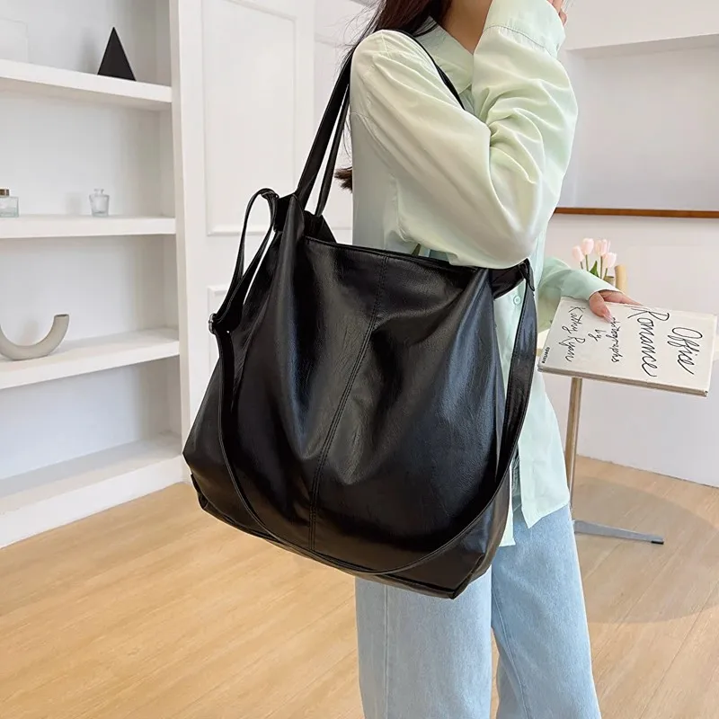 Big Pu Leather Tote Bags Women Korean Simple Large Capacity Shoulder Bag 2024 New Fashion Retro Travel Shopper Handbags Female