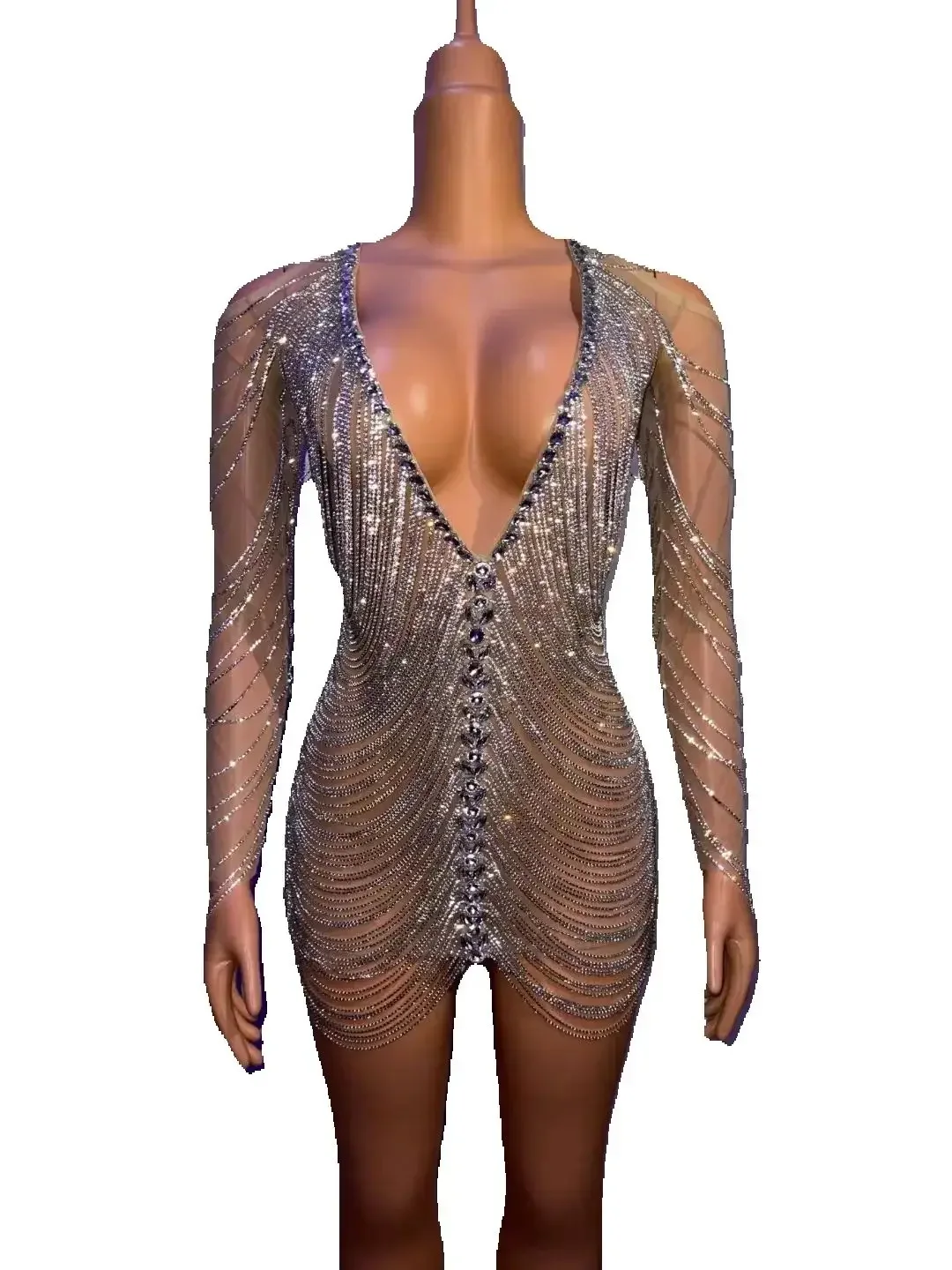 

Sparkly Luxury Rhinestone Women Birthday Party Dress Chain Night Out Club Costume Festival Performance Wear Drag Queen Outfit