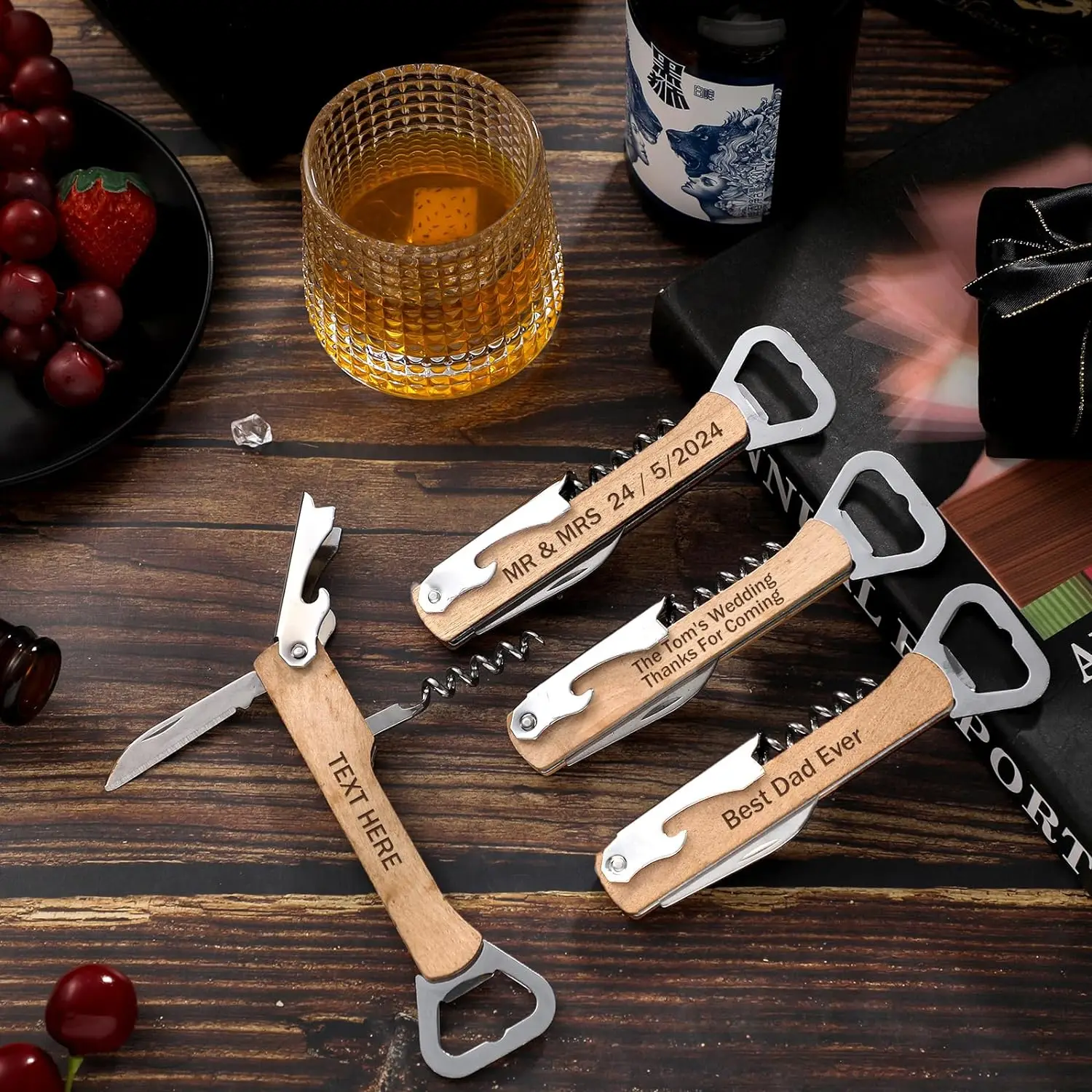 Wooden Wine Bottle Opener Groomsmen Wedding Party Gifts 4 in 1 Wine Corkscrew with Foil Cutter Blank DIY Engraving Wood