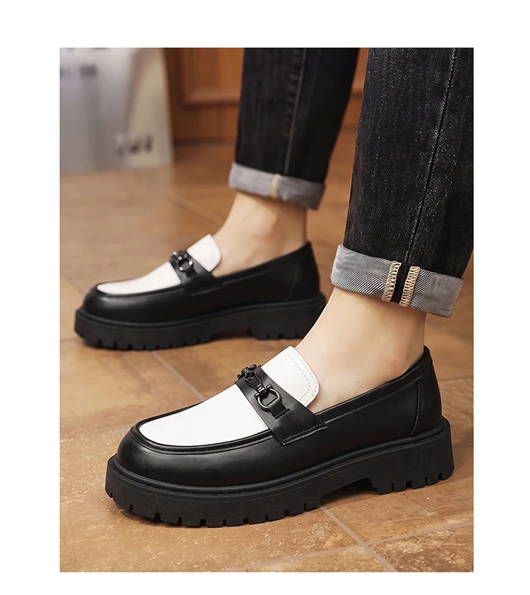 Herren-Loafer mit dicker Sohle, Metallschnalle, Slip-On-Lederschuhe, rutschfeste Plateau-Freizeitschuhe für Büro, Alltag und Party – Detail 7