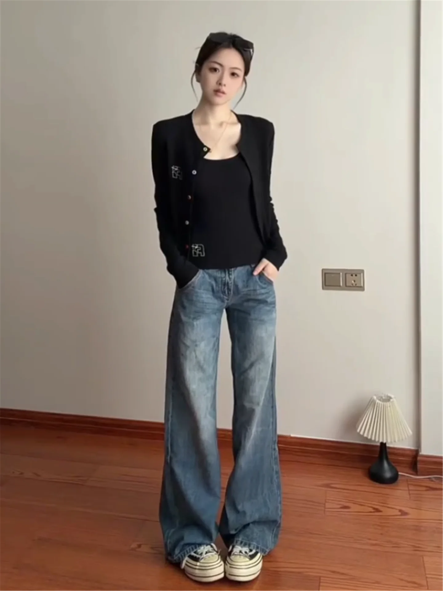 

American Style Vintage Low Waist Straight Leg Blue Jeans Women's Loose Casual Wide Leg Pants Spring Autumn Slimming Effect