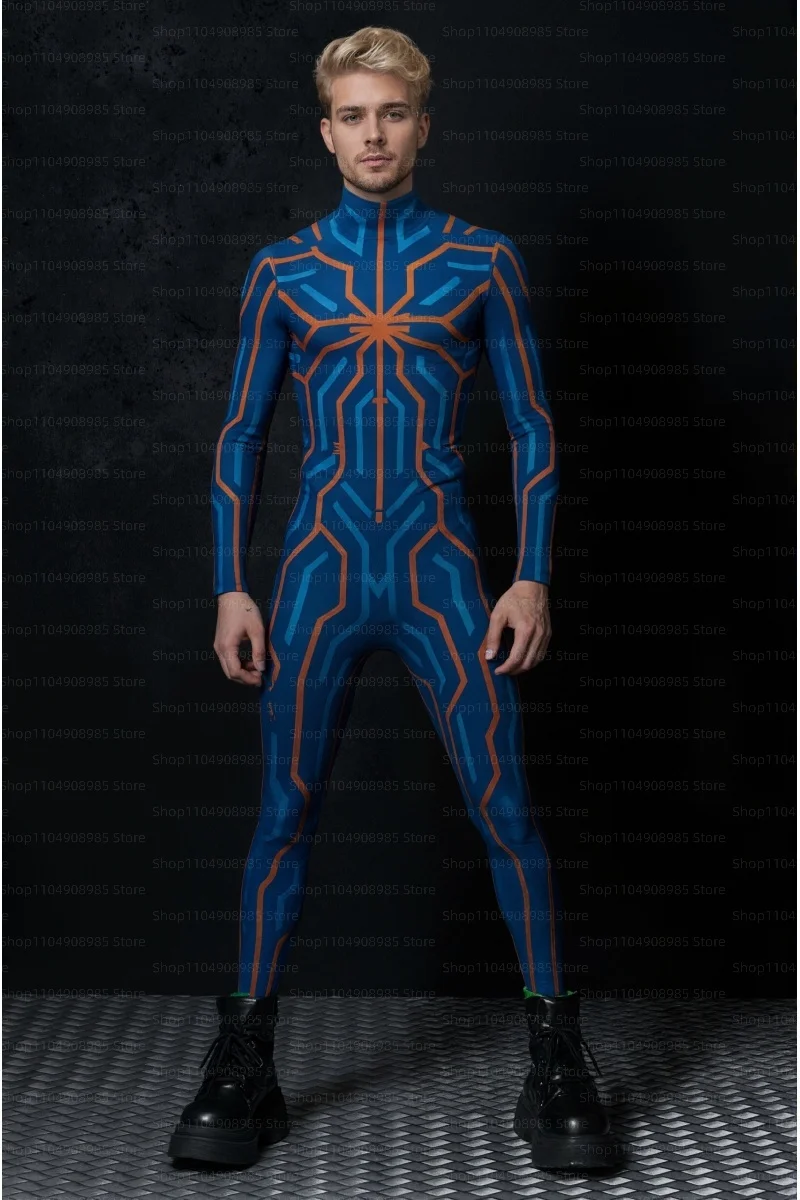 

New Men's Blue Orange Geometric Patterned Cosplay Bodysuit Stage Performance Holiday Party Tights Outfit 2025