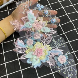 1Pc Beaded Pink Flower Embroidery Lace Accessories Wedding Dress Decoration Patch Flowers Handmade DIY Repair 28*18CM