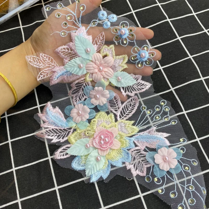 1Pc zroszony różowy haft w kwiaty akcesoria koronkowe dekoracja do sukni ślubnej łatka kwiaty Handmade DIY naprawa 28*18CM