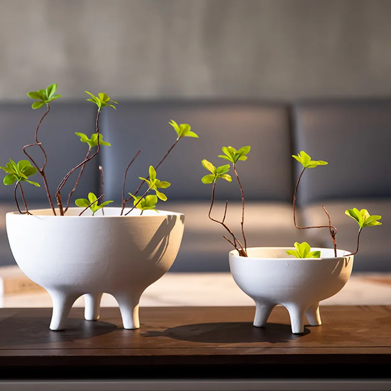 White Ceramic Flower Pot Tripod Fruit Bowl Desktop Storage Container Flower Vase Floral Arrangement Accessories Flowerpot