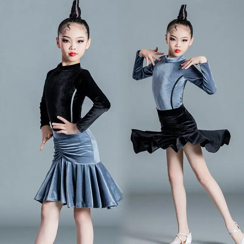 Atuendo de baile latino para niñas, traje de actuación de manga larga, traje de práctica de baile latino para niños, conjunto de falda de Otoño de invierno