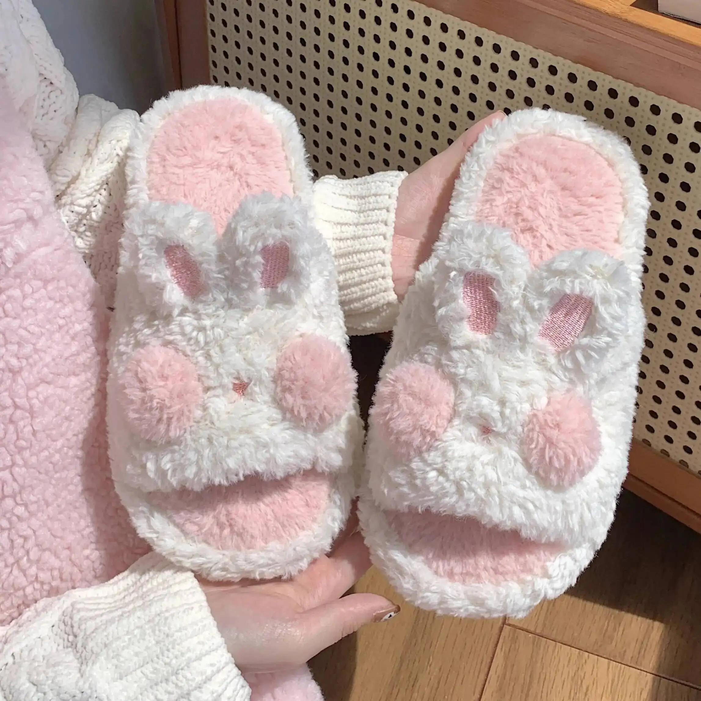 

Women's Cute Rabbit Furry Slippers Girlish Autumn Winter Comfortable Home Flat Cotton Slide Slippers